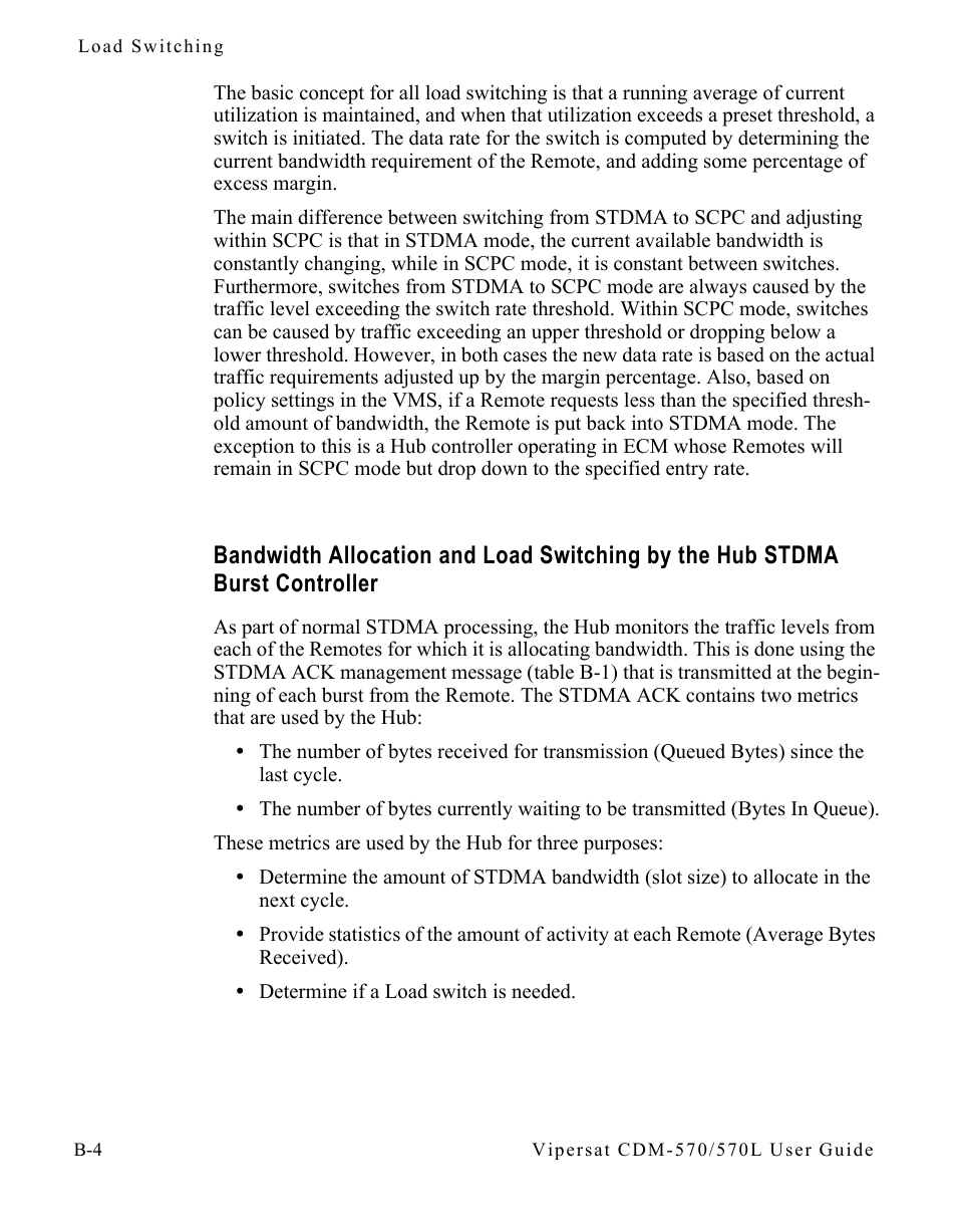 Bandwidth allocation and load switching by, The hub stdma burst controller . . .b-4 | Comtech EF Data CDM-570/570L Vipersat User Manual | Page 122 / 192