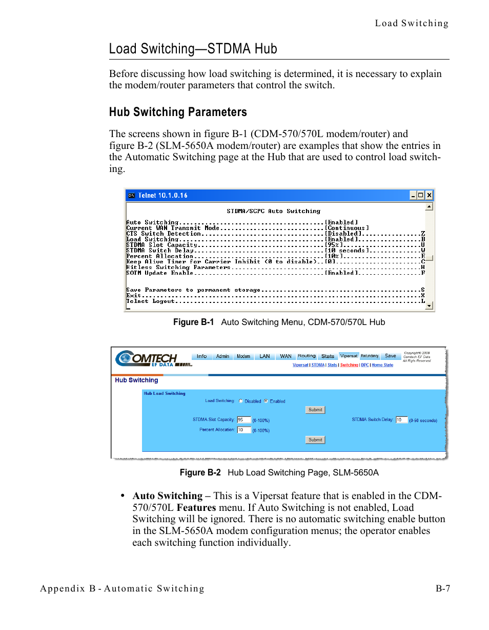 Load switching—stdma hub, Hub switching parameters, Load switching—stdma hub . . . . . . .b-7 | Hub switching parameters . . . . . . .b-7, Figure b-1 auto switching menu, cdm-570/570l | Comtech EF Data CDM-570/570L Vipersat User Manual | Page 125 / 192