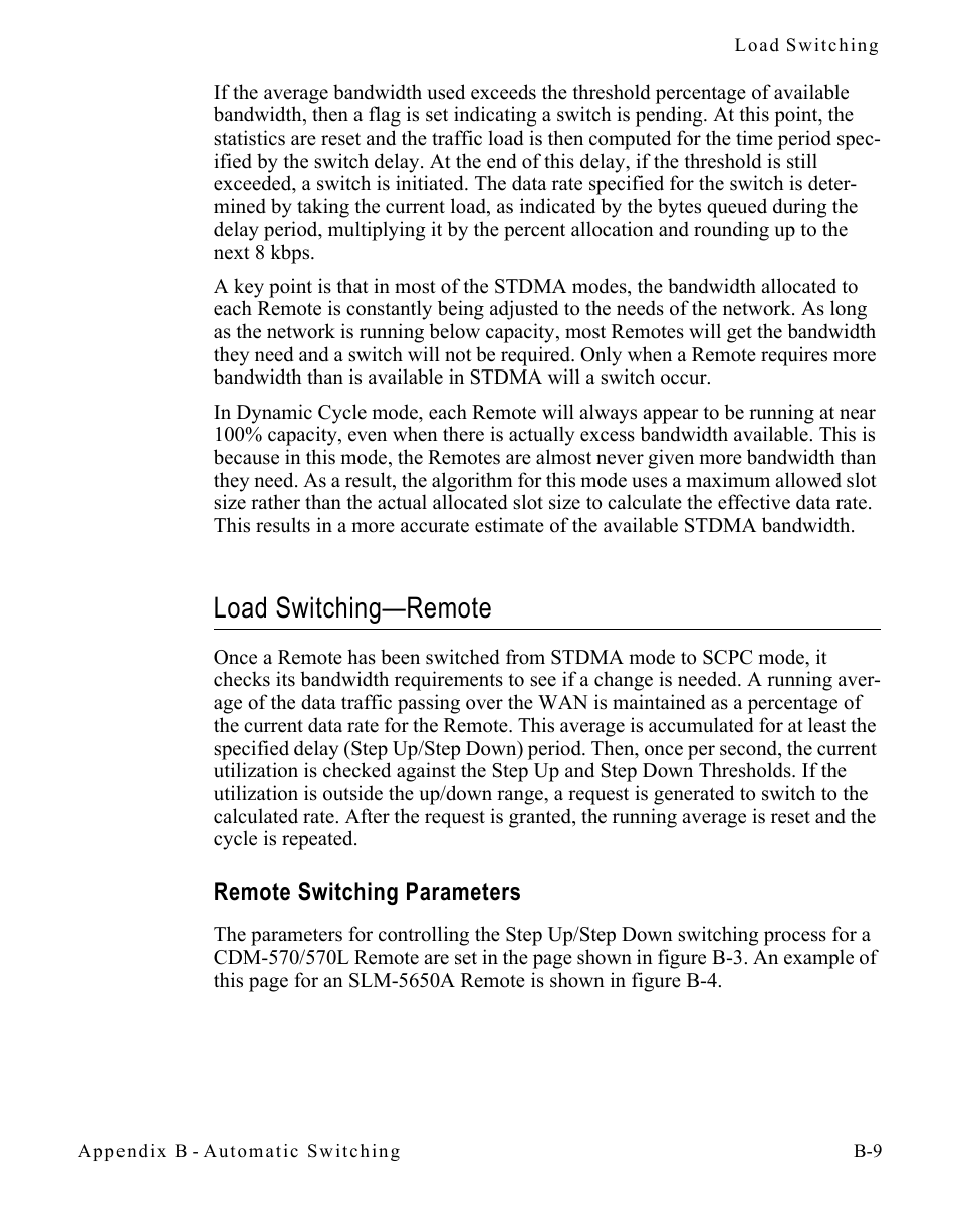 Load switching—remote, Remote switching parameters, Load switching—remote . . . . . . . . . .b-9 | Remote switching parameters . . . . .b-9 | Comtech EF Data CDM-570/570L Vipersat User Manual | Page 127 / 192