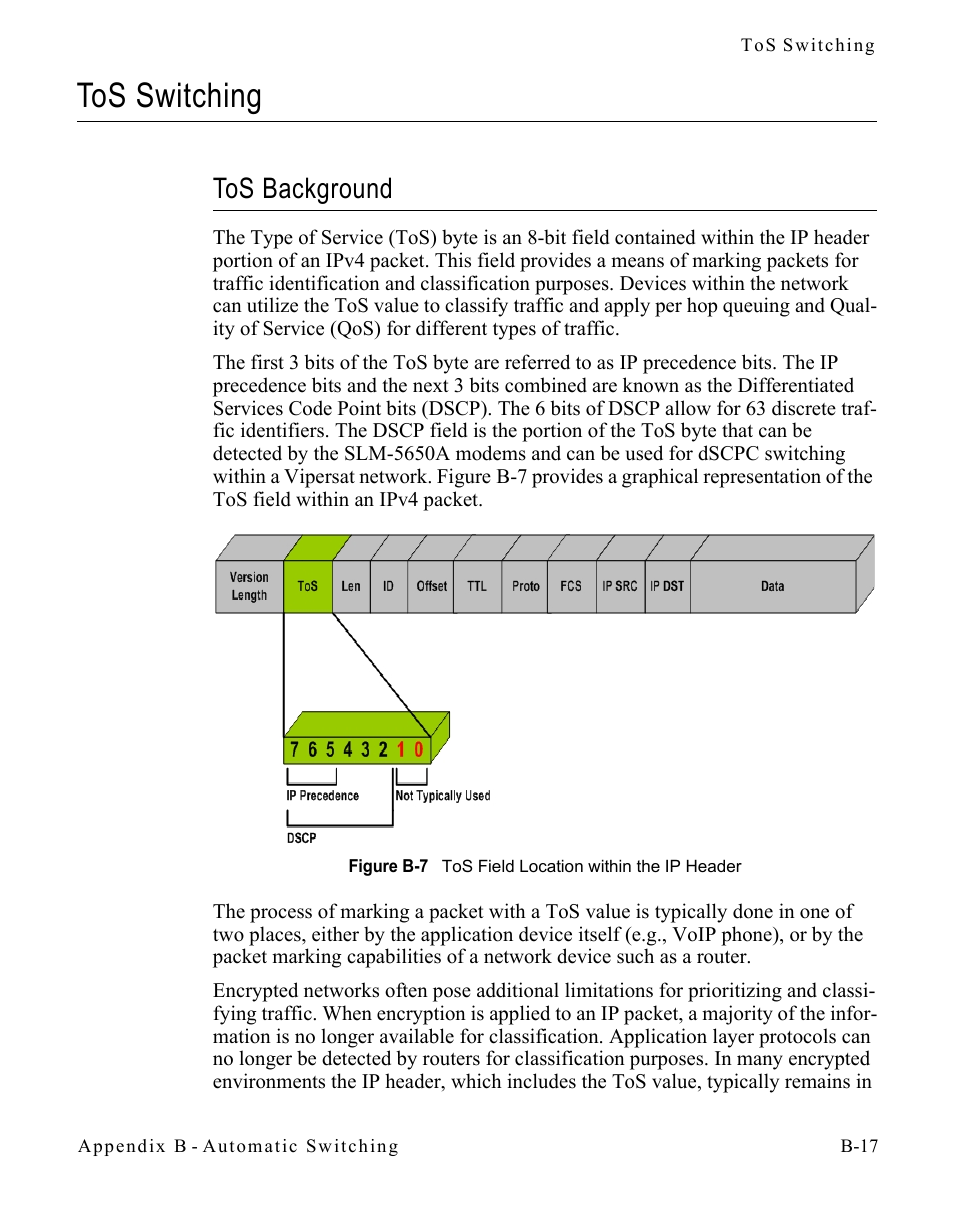 Tos switching, Tos background, Tos background . . . . . . . . . . . . . . b-17 | Figure b-7 tos field location within the ip header | Comtech EF Data CDM-570/570L Vipersat User Manual | Page 135 / 192