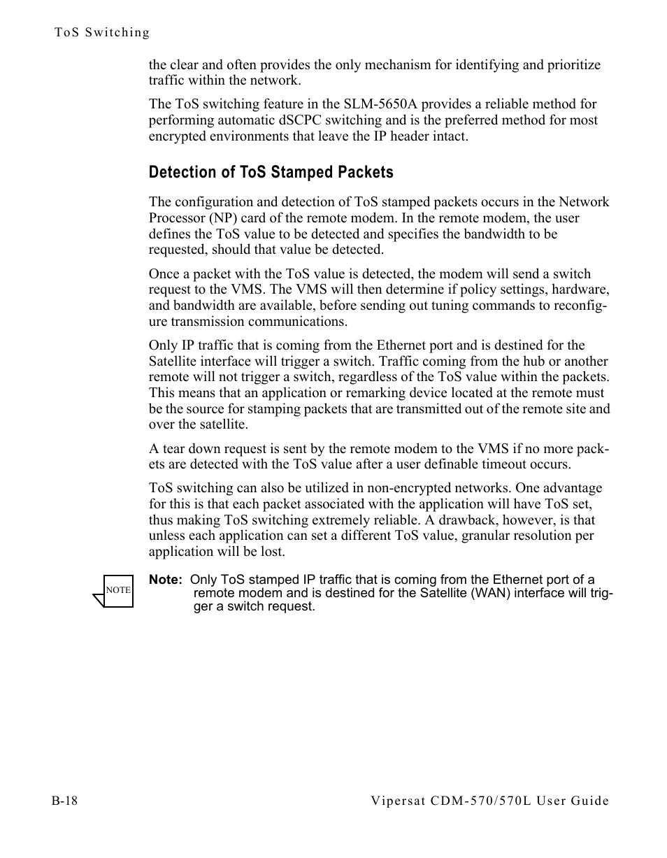 Detection of tos stamped packets, Detection of tos stamped packets . . b-18 | Comtech EF Data CDM-570/570L Vipersat User Manual | Page 136 / 192