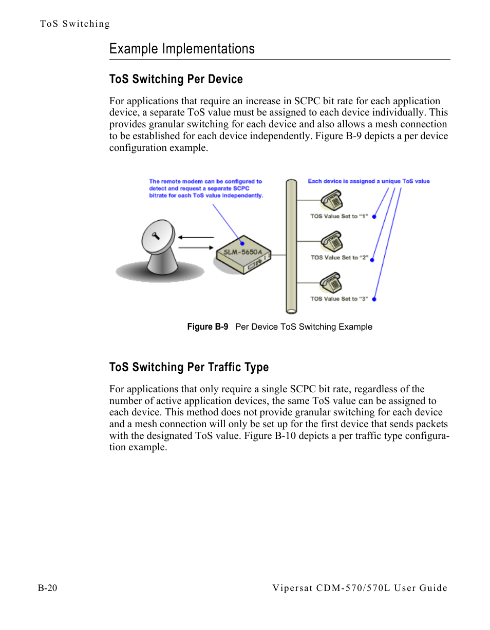 Example implementations, Tos switching per device, Tos switching per traffic type | Example implementations . . . . . . . . . b-20, Figure b-9 per device tos switching example | Comtech EF Data CDM-570/570L Vipersat User Manual | Page 138 / 192