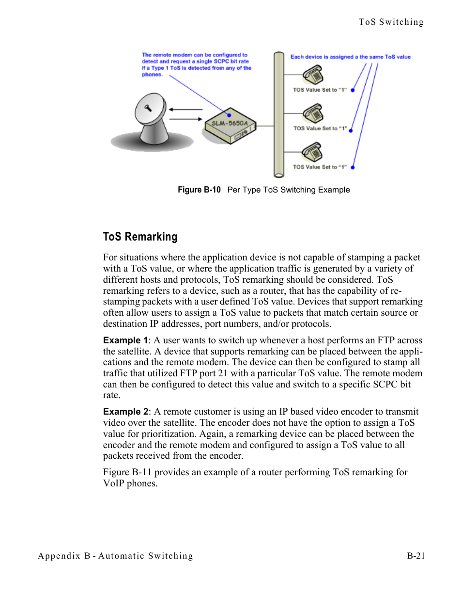 Tos remarking, Tos remarking . . . . . . . . . . . . b-21, Figure b-10 per type tos switching example | Comtech EF Data CDM-570/570L Vipersat User Manual | Page 139 / 192