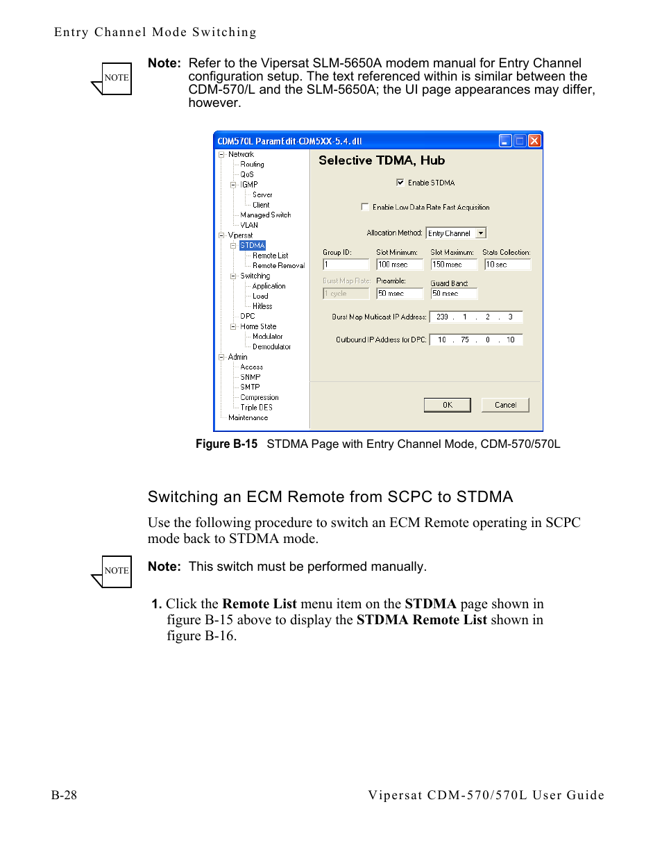 Switching an ecm remote from scpc to stdma, Switching an ecm remote from scpc to, Stdma . . . . . . . . . . . . . . b-28 | Mode, cdm-570/570l | Comtech EF Data CDM-570/570L Vipersat User Manual | Page 146 / 192