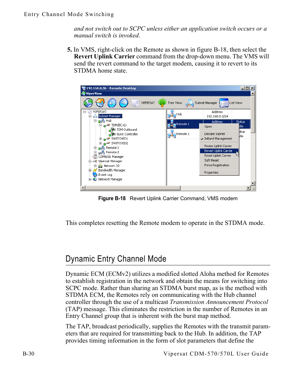 Dynamic entry channel mode, Dynamic entry channel mode . . . . . . b-30, Figure b-18 revert uplink carrier command, vms | Modem | Comtech EF Data CDM-570/570L Vipersat User Manual | Page 148 / 192