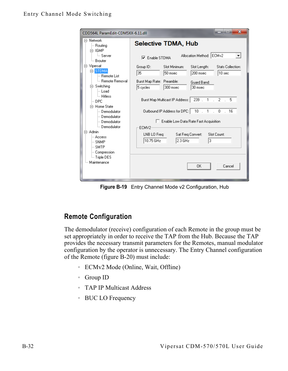 Remote configuration, Remote configuration . . . . . . . . . b-32, Figure b-19 entry channel configuration, hub | Comtech EF Data CDM-570/570L Vipersat User Manual | Page 150 / 192