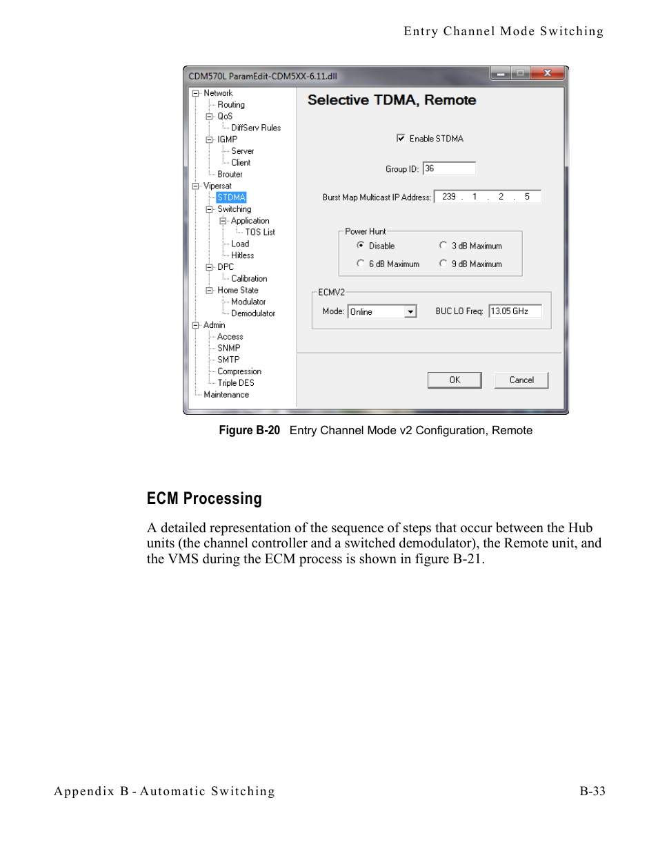 Ecm processing, Ecm processing . . . . . . . . . . . b-33, Figure b-20 entry channel configuration, remote | Comtech EF Data CDM-570/570L Vipersat User Manual | Page 151 / 192