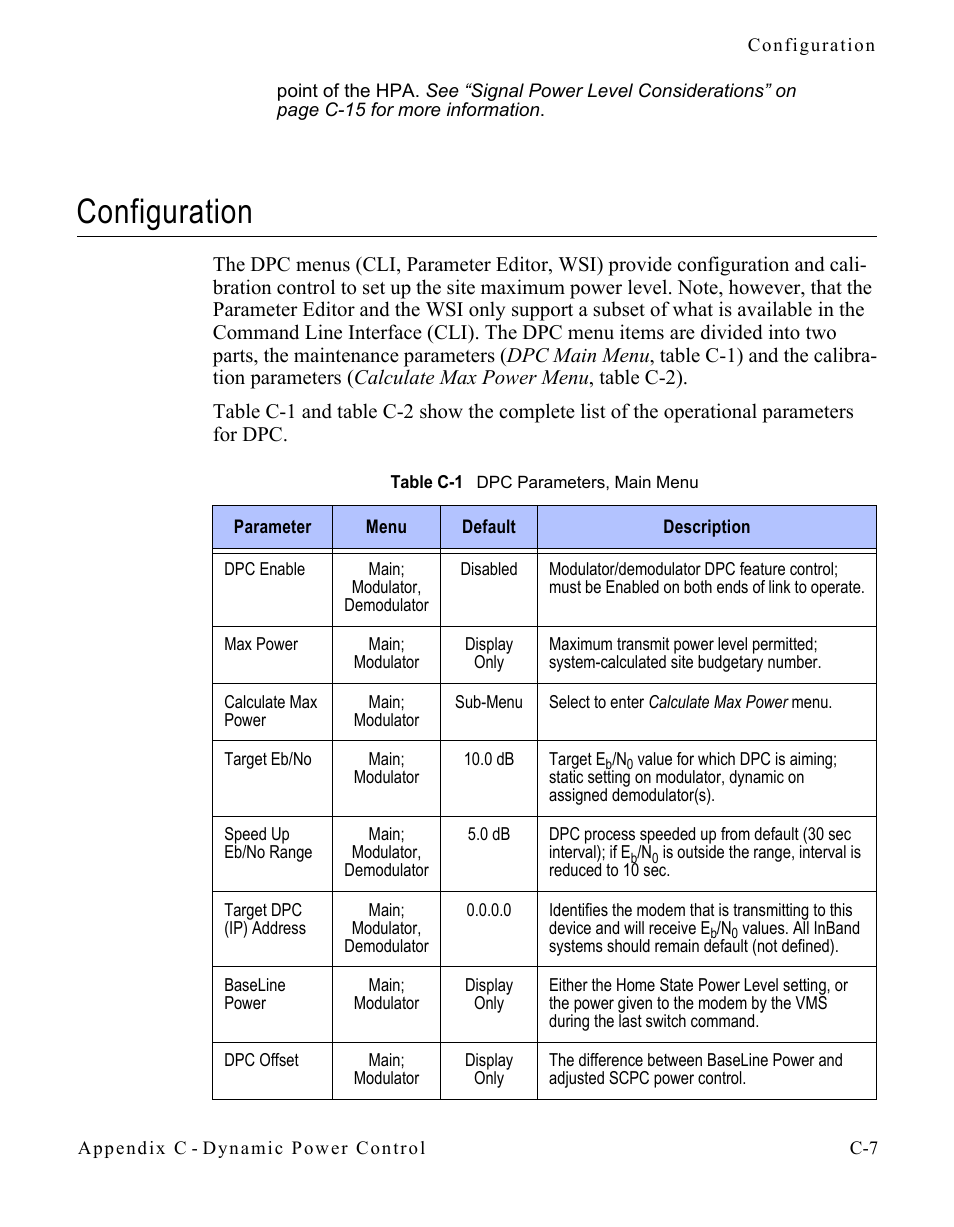 Configuration, Table c-1 dpc parameters, main menu | Comtech EF Data CDM-570/570L Vipersat User Manual | Page 159 / 192