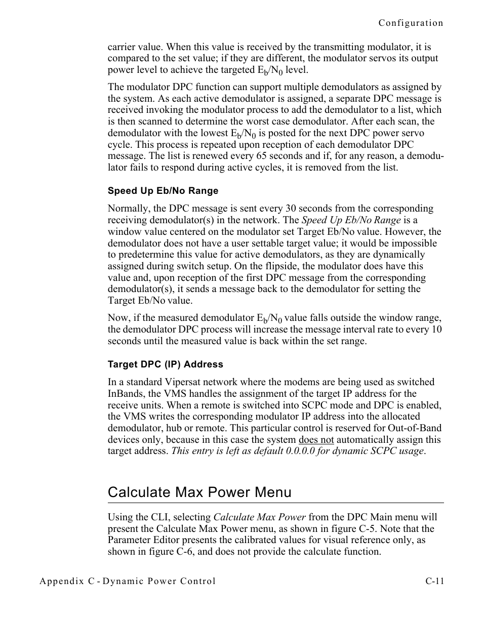 Speed up eb/no range, Target dpc (ip) address, Calculate max power menu | Calculate max power menu. . . . . . . . c-11 | Comtech EF Data CDM-570/570L Vipersat User Manual | Page 163 / 192