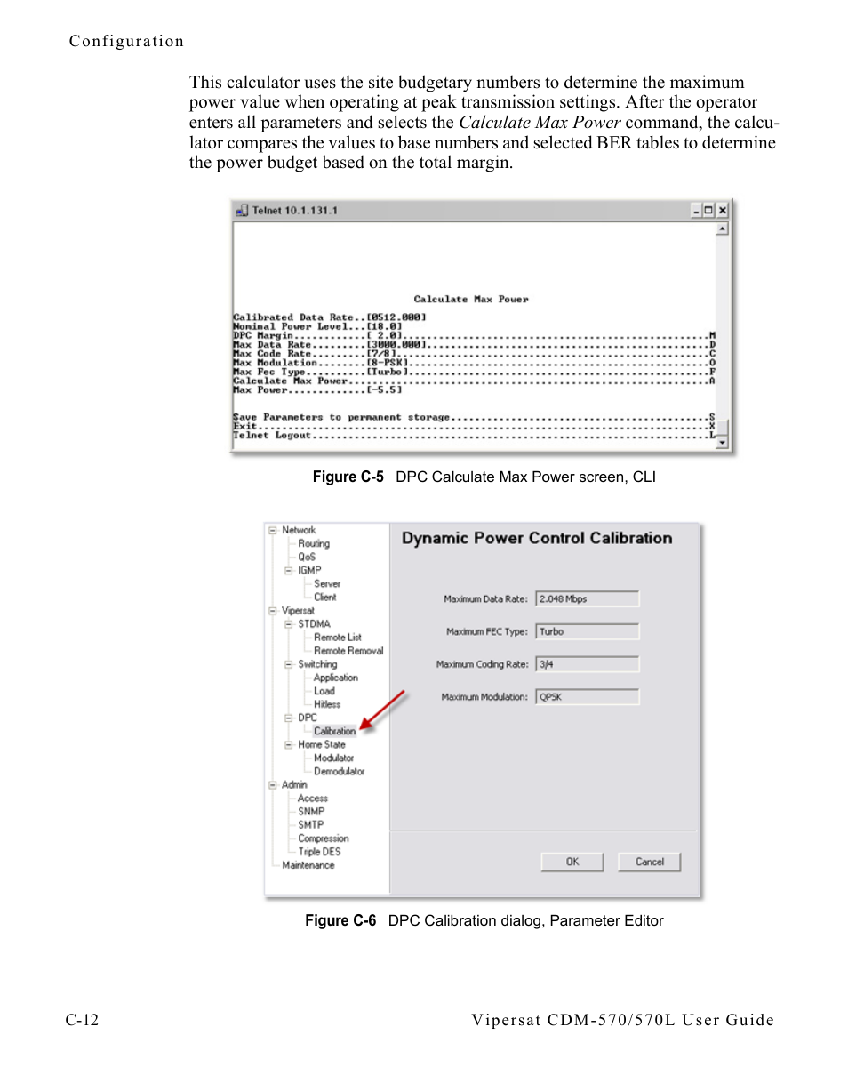 Figure c-5 dpc calculate max power screen, cli, Figure c-6 dpc calibration dialog, parameter, Editor | Comtech EF Data CDM-570/570L Vipersat User Manual | Page 164 / 192