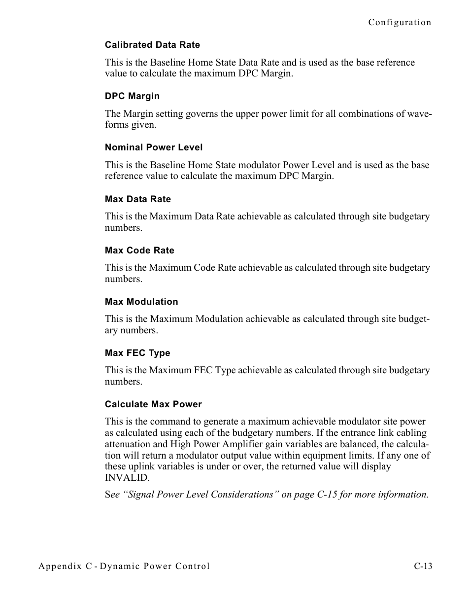 Calibrated data rate, Dpc margin, Nominal power level | Max data rate, Max code rate, Max modulation, Max fec type, Calculate max power | Comtech EF Data CDM-570/570L Vipersat User Manual | Page 165 / 192