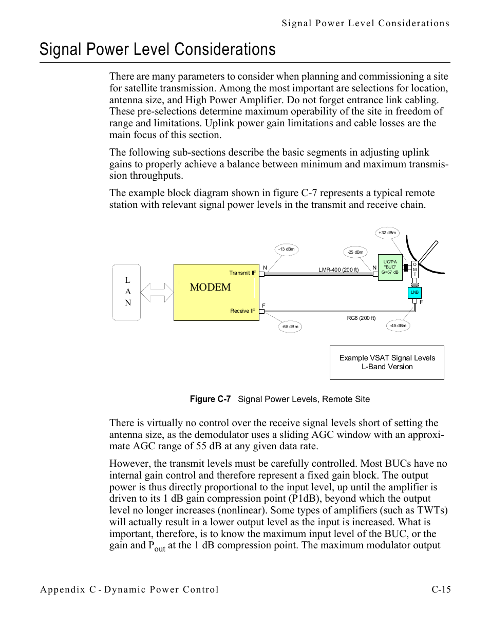 Signal power level considerations, Signal power level considerations. . . . . . c-15, Figure c-7 signal power levels, remote sitec-15 | E “signal power level considerations” on, Modem | Comtech EF Data CDM-570/570L Vipersat User Manual | Page 167 / 192