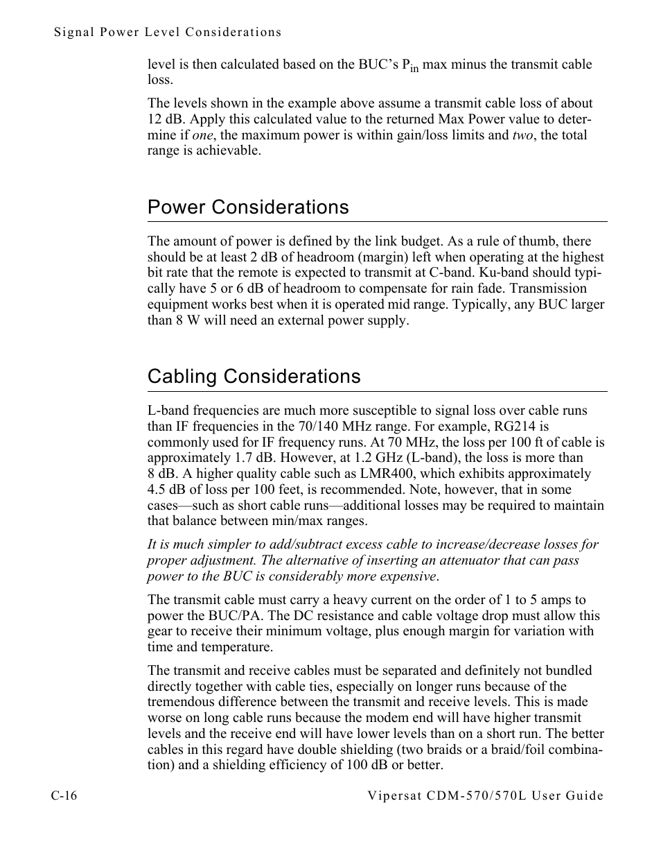 Power considerations, Cabling considerations | Comtech EF Data CDM-570/570L Vipersat User Manual | Page 168 / 192