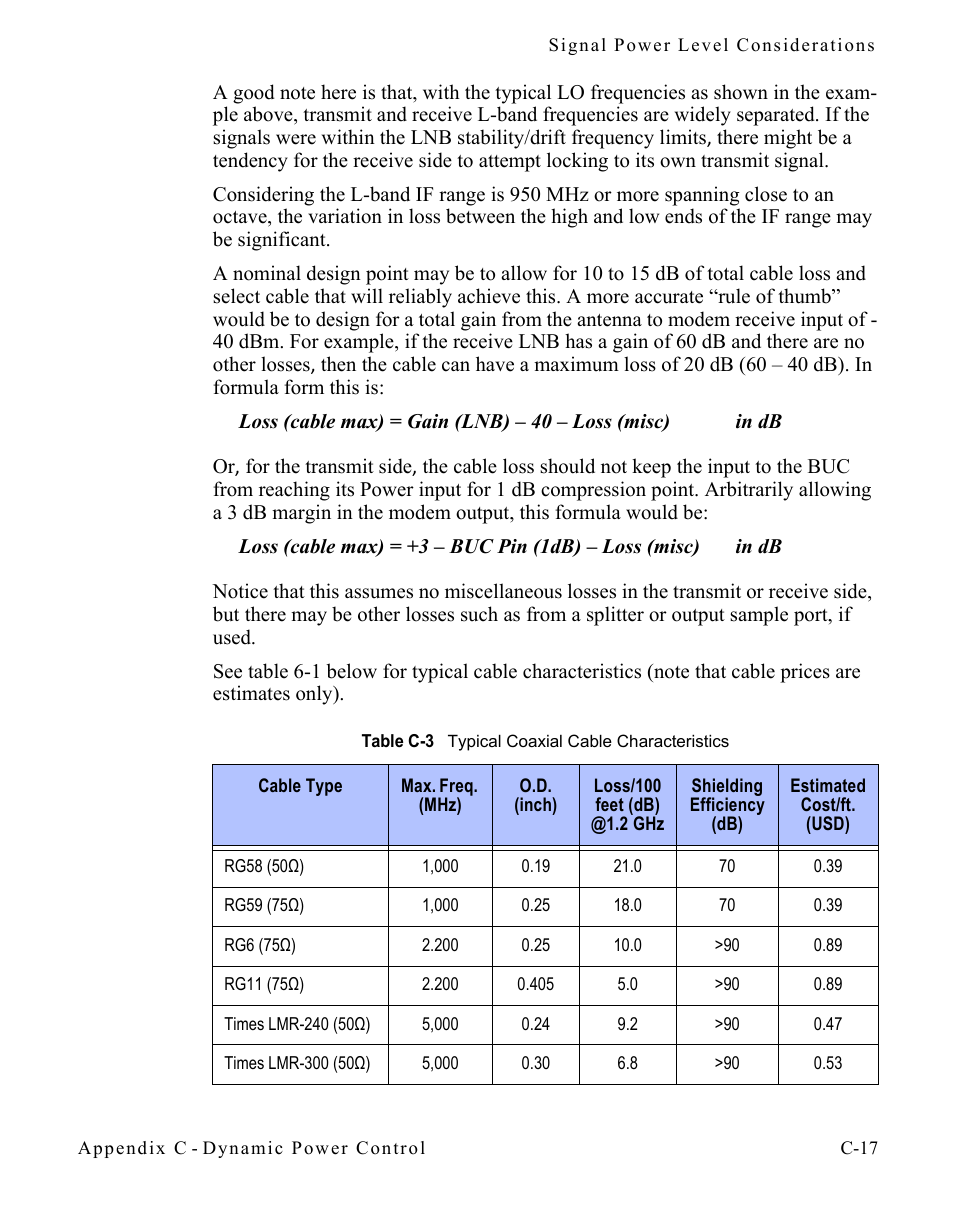 Table c-3 typical coaxial cable characteristics | Comtech EF Data CDM-570/570L Vipersat User Manual | Page 169 / 192