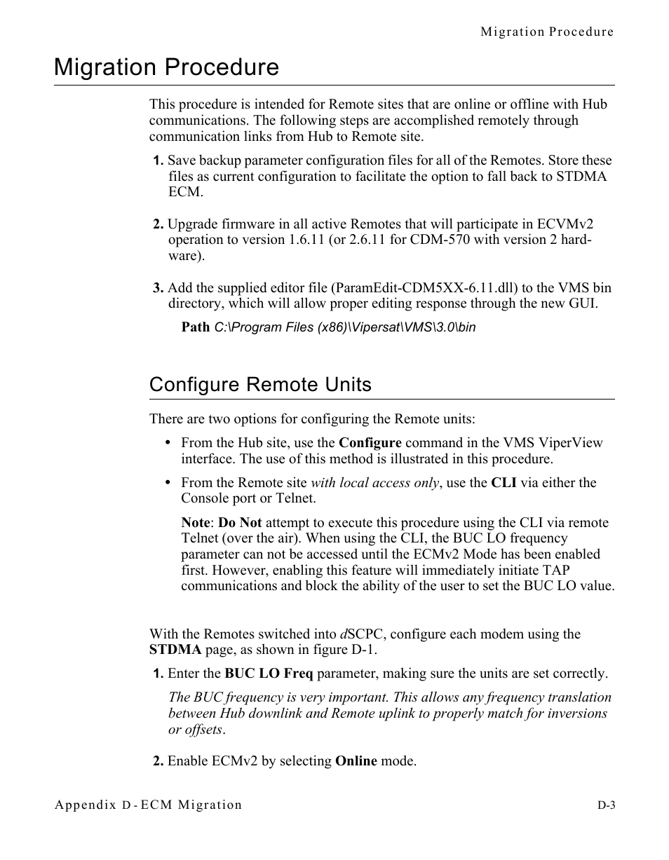 Migration procedure, Configure remote units, Migration procedure . . . . . . . . . . . . . d-3 | Configure remote units. . . . . . . . . . . d-3 | Comtech EF Data CDM-570/570L Vipersat User Manual | Page 173 / 192