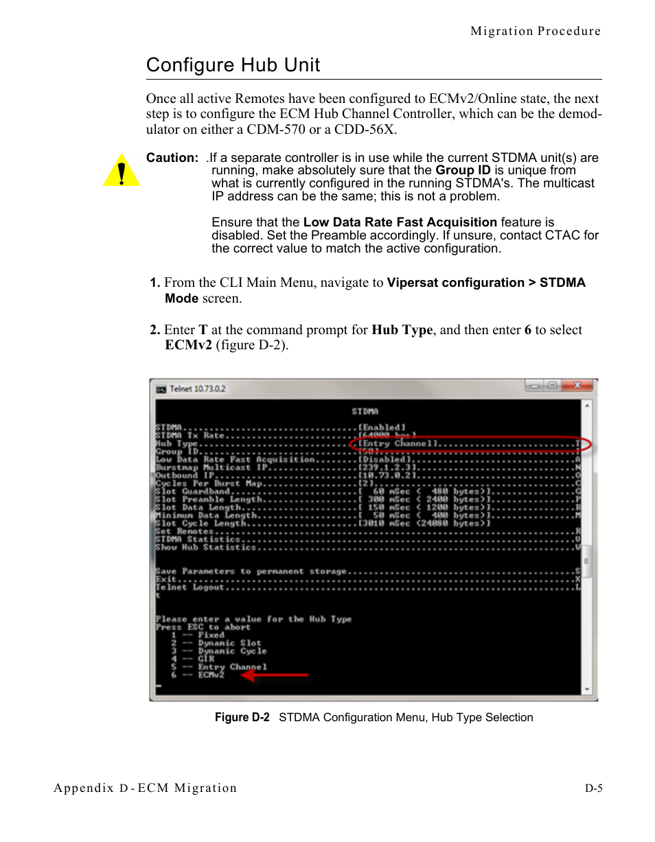 Configure hub unit, Configure hub unit . . . . . . . . . . . . . d-5, Figure d-2 stdma configuration menu, hub type | Selection | Comtech EF Data CDM-570/570L Vipersat User Manual | Page 175 / 192