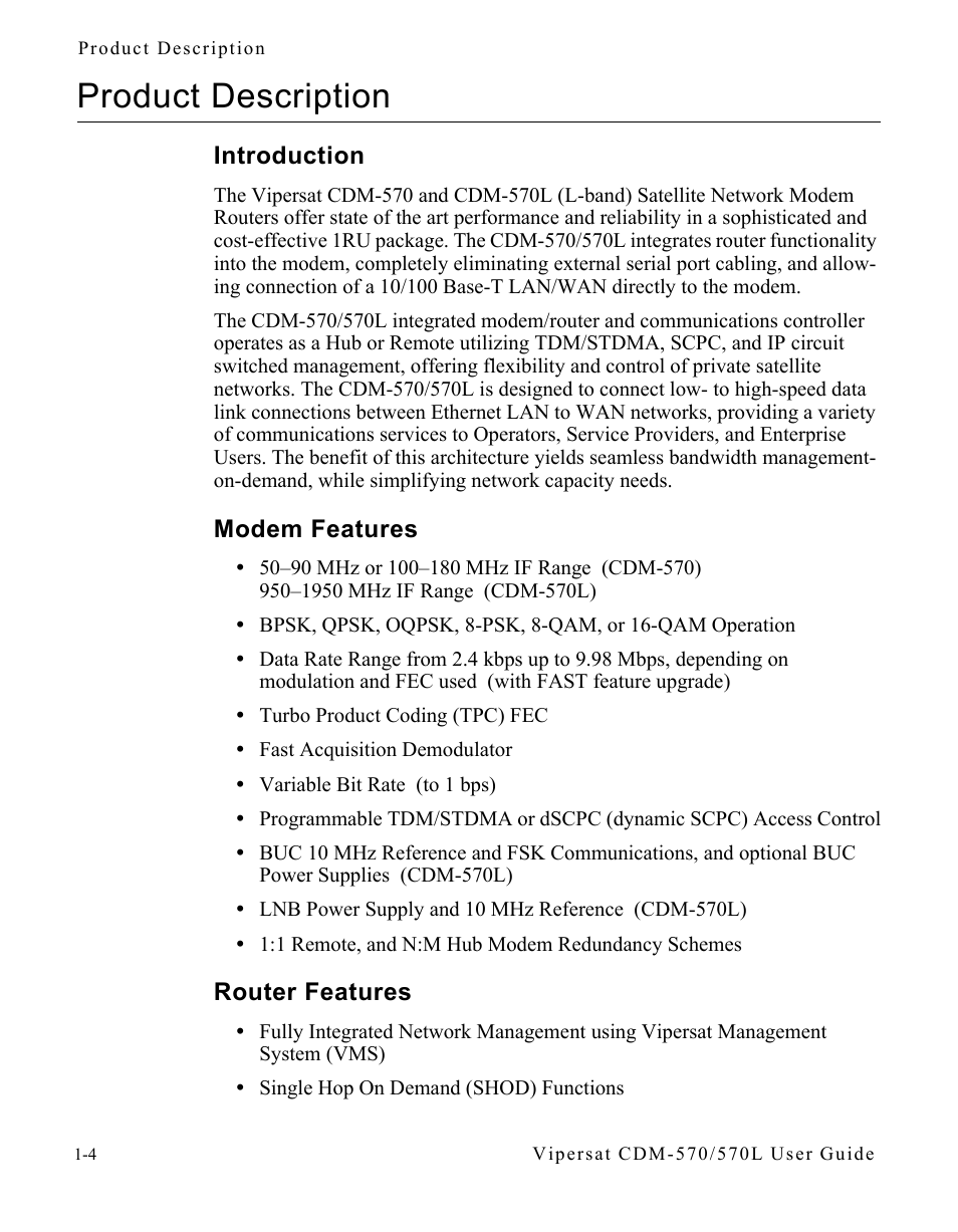 Product description, Introduction, Modem features | Router features, Product description -4 | Comtech EF Data CDM-570/570L Vipersat User Manual | Page 20 / 192