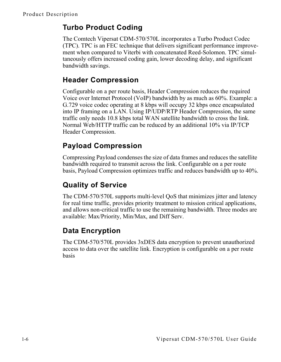 Turbo product coding, Header compression, Payload compression | Quality of service, Data encryption | Comtech EF Data CDM-570/570L Vipersat User Manual | Page 22 / 192