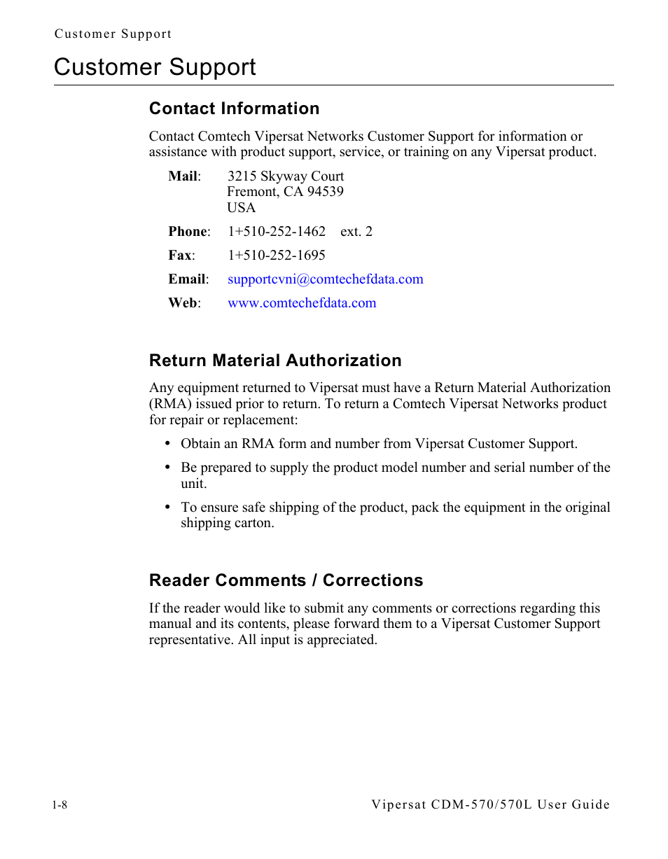 Customer support, Contact information, Return material authorization | Reader comments / corrections, Customer support -8 | Comtech EF Data CDM-570/570L Vipersat User Manual | Page 24 / 192