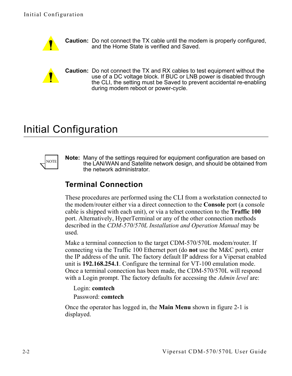 Initial configuration, Terminal connection, Initial configuration -2 | Terminal connection -2 | Comtech EF Data CDM-570/570L Vipersat User Manual | Page 26 / 192