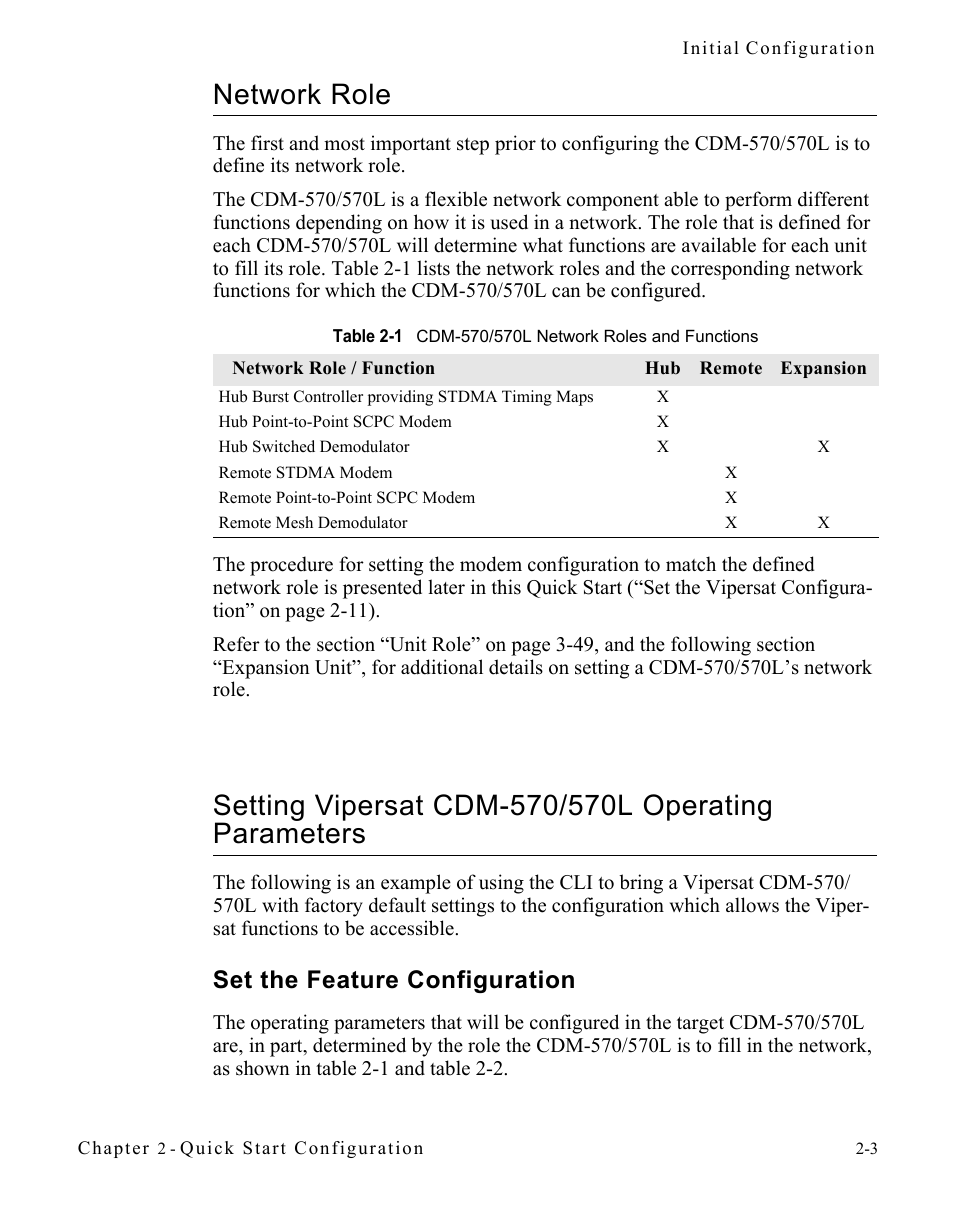 Network role, Setting vipersat cdm-570/570l operating parameters, Set the feature configuration | Parameters -3, Set the feature configuration -3, Table 2-1 cdm-570/570l network roles and, Functions | Comtech EF Data CDM-570/570L Vipersat User Manual | Page 27 / 192