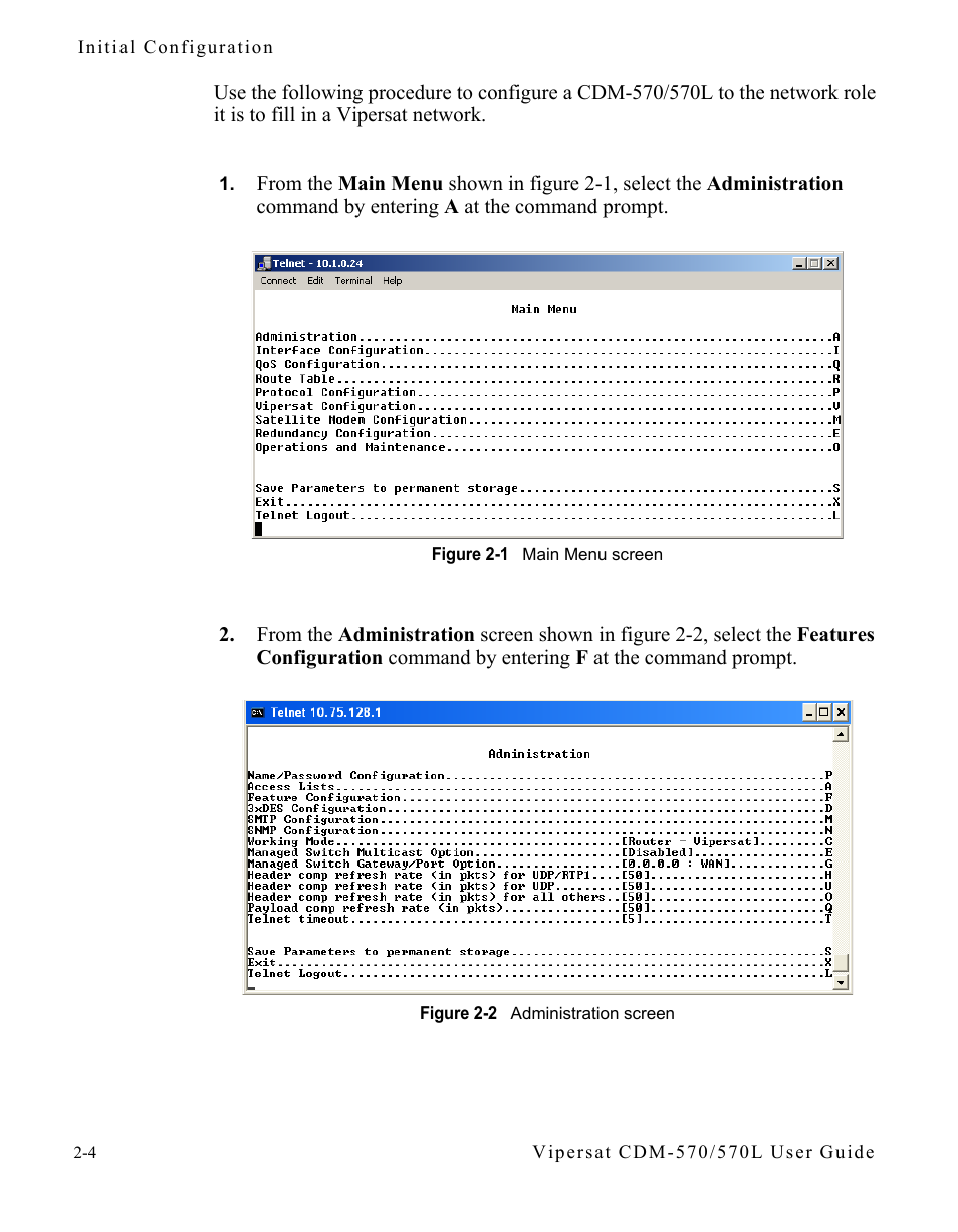 Figure 2-1 main menu screen, Figure 2-2 administration screen | Comtech EF Data CDM-570/570L Vipersat User Manual | Page 28 / 192