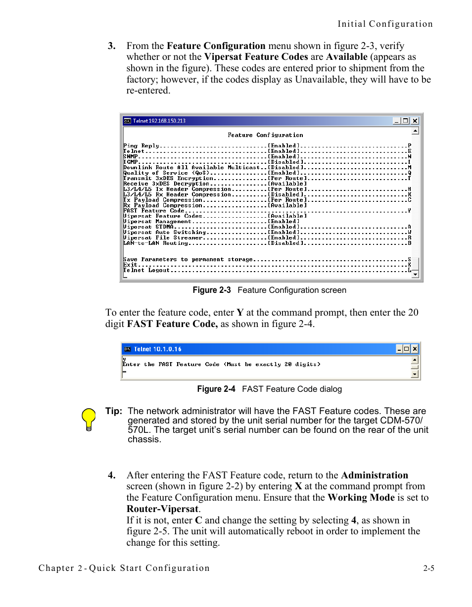 Figure 2-3 feature configuration screen, Figure 2-4 fast feature code dialog | Comtech EF Data CDM-570/570L Vipersat User Manual | Page 29 / 192