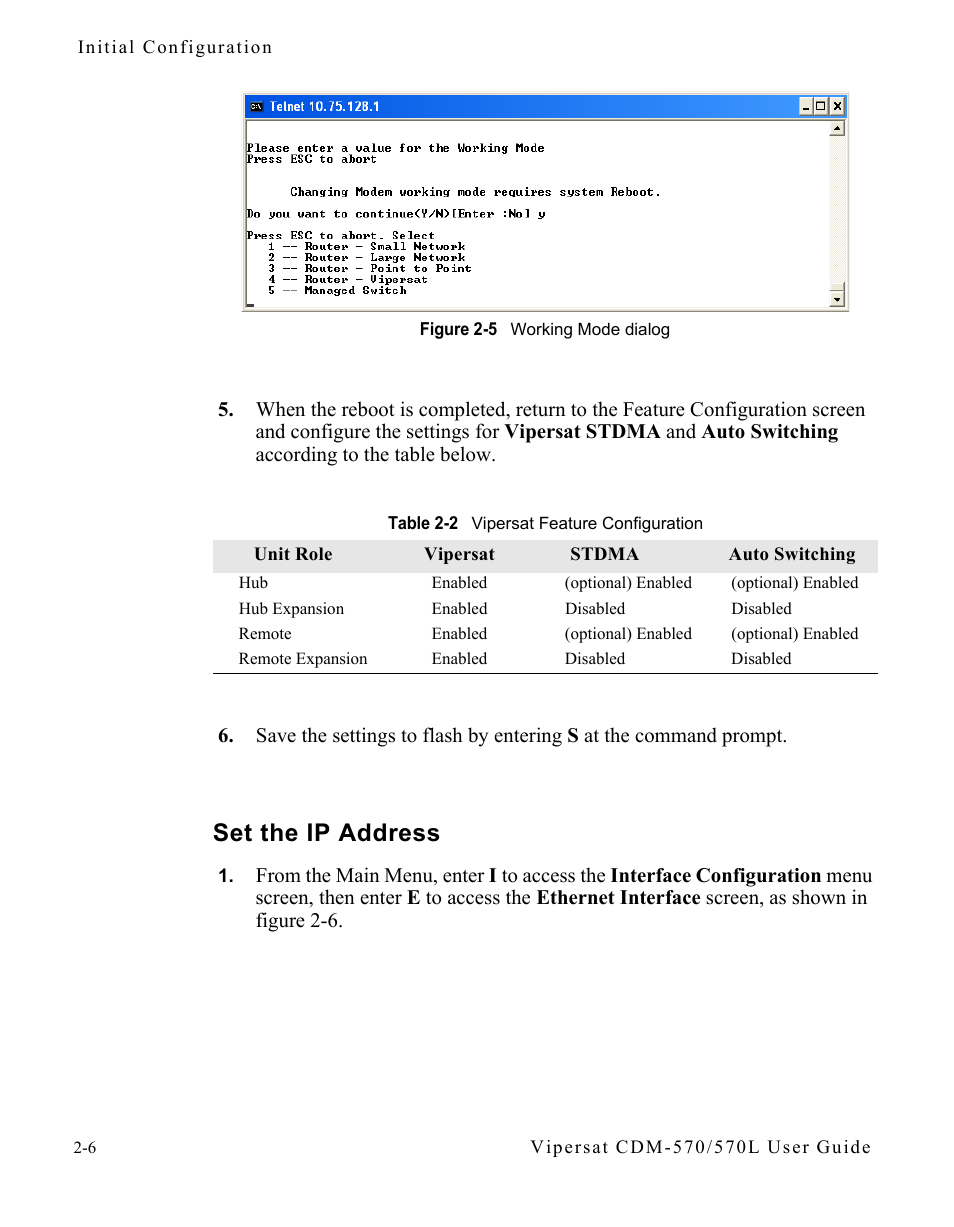 Set the ip address, Set the ip address -6, Figure 2-5 working mode dialog | Table 2-2 vipersat feature configuration, Figure 2-5. the | Comtech EF Data CDM-570/570L Vipersat User Manual | Page 30 / 192