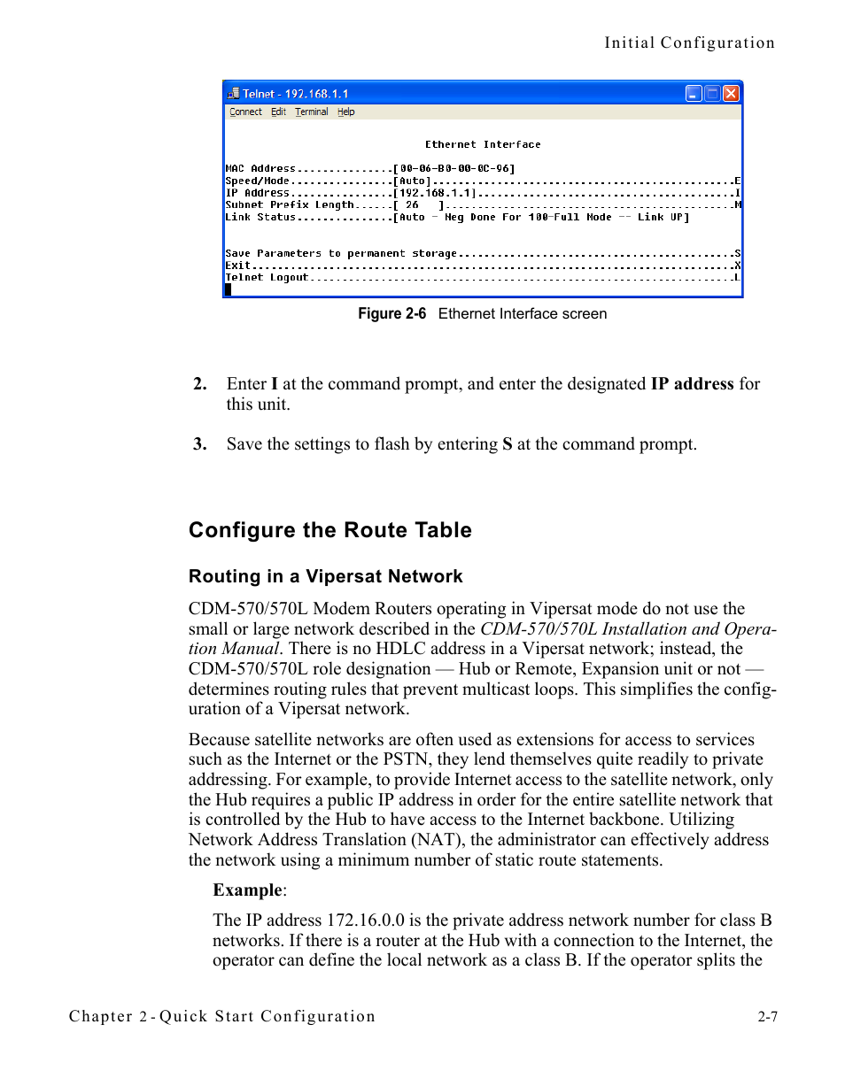 Configure the route table, Routing in a vipersat network, Configure the route table -7 | Routing in a vipersat network -7, Figure 2-6 ethernet interface screen | Comtech EF Data CDM-570/570L Vipersat User Manual | Page 31 / 192