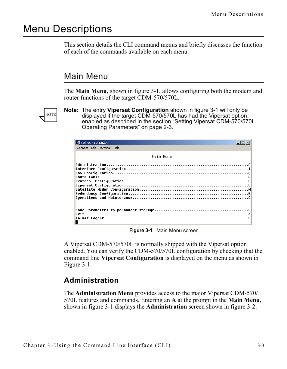 Menu descriptions, Main menu, Administration | Menu descriptions -3, Main menu -3, Administration -3, Figure 3-1 main menu screen | Comtech EF Data CDM-570/570L Vipersat User Manual | Page 39 / 192