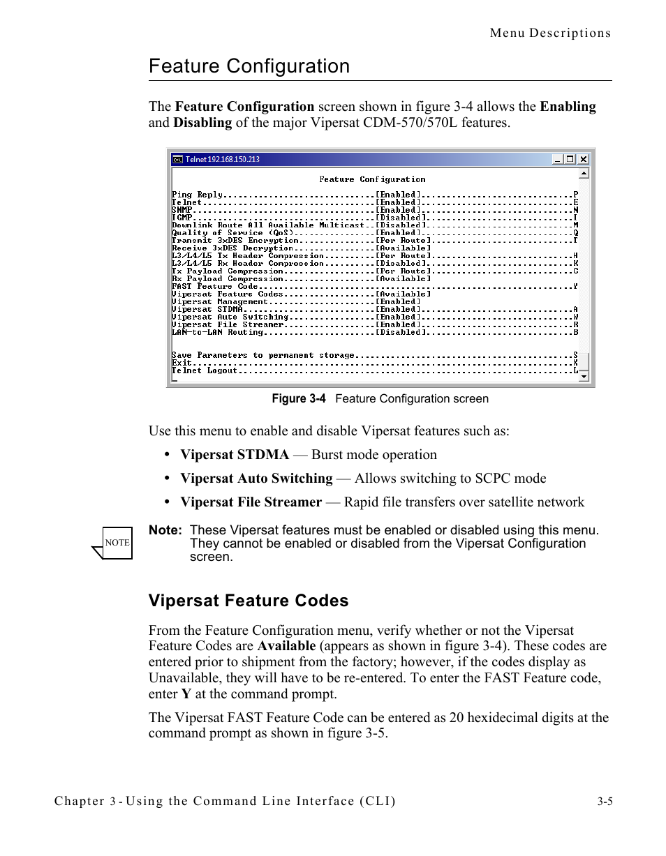 Feature configuration, Vipersat feature codes, Feature configuration -5 | Vipersat feature codes -5, Figure 3-4 feature configuration screen | Comtech EF Data CDM-570/570L Vipersat User Manual | Page 41 / 192