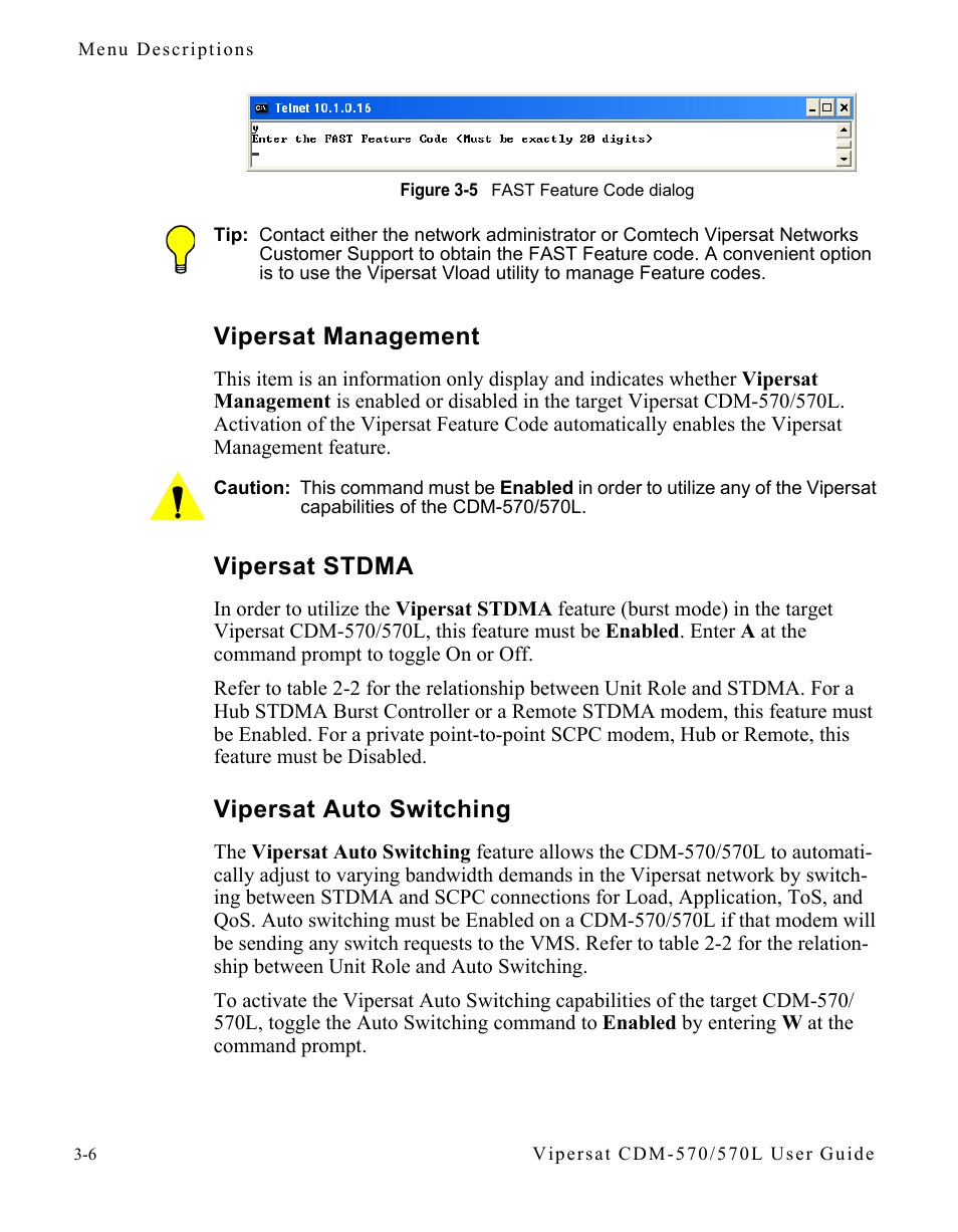 Vipersat management, Vipersat stdma, Vipersat auto switching | Figure 3-5 fast feature code dialog | Comtech EF Data CDM-570/570L Vipersat User Manual | Page 42 / 192