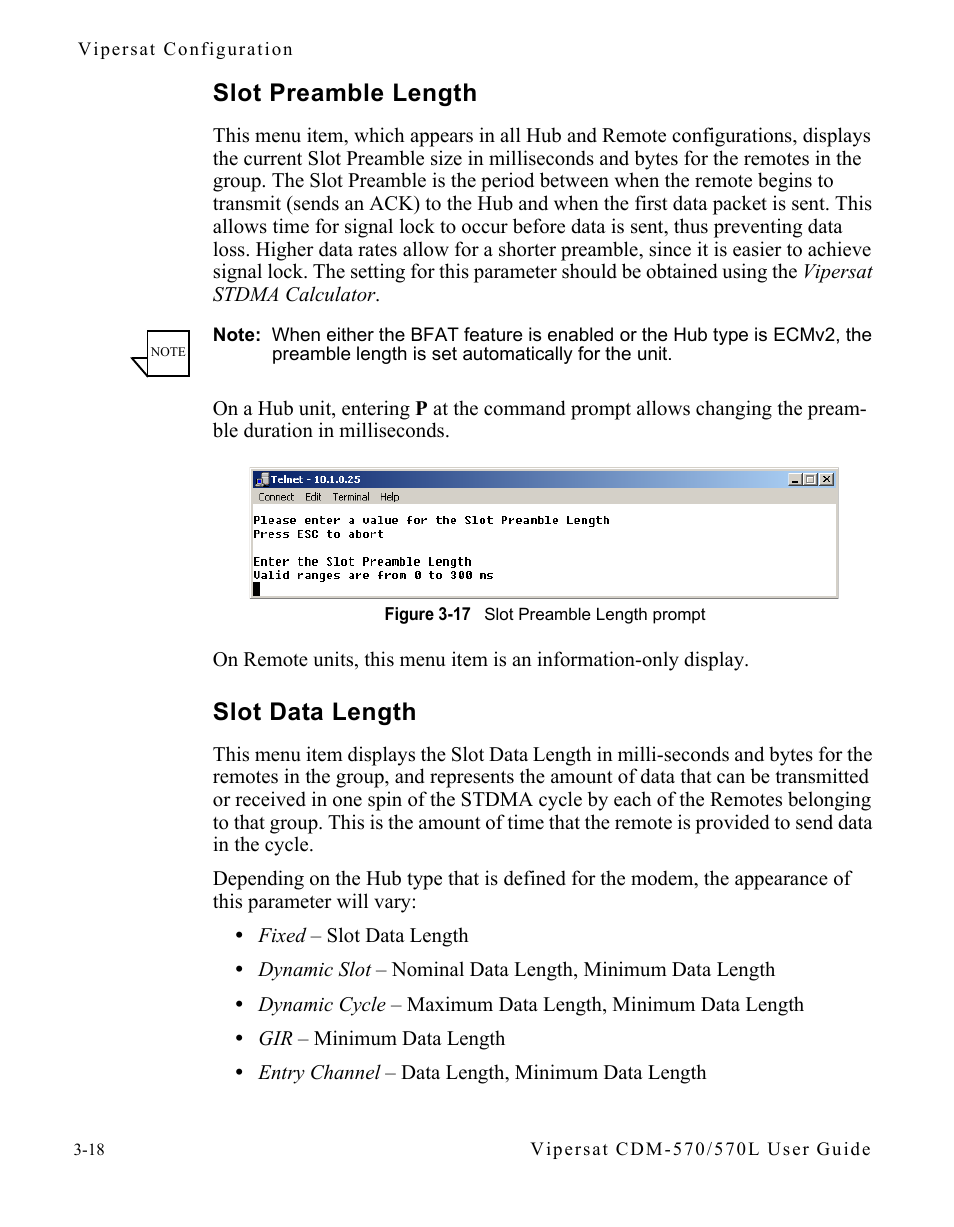 Slot preamble length, Slot data length, Slot preamble length -18 slot data length -18 | Figure 3-17 slot preamble length prompt | Comtech EF Data CDM-570/570L Vipersat User Manual | Page 54 / 192