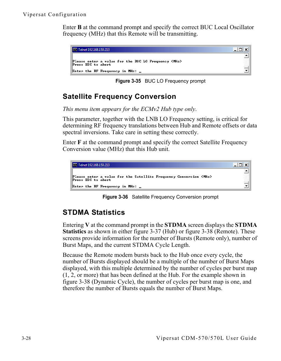 Satellite frequency conversion, Stdma statistics, Figure 3-35 buc lo frequency prompt | Figure 3-36 satellite frequency conversion prompt | Comtech EF Data CDM-570/570L Vipersat User Manual | Page 64 / 192