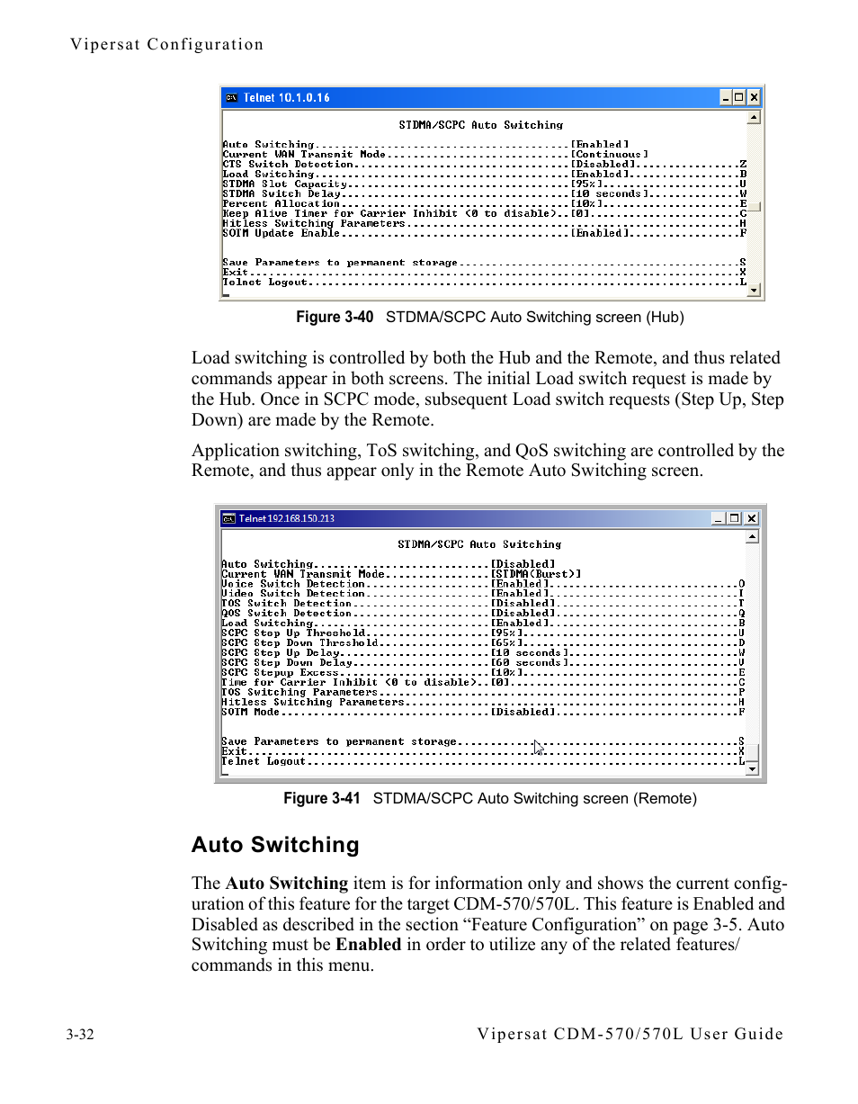 Auto switching, Auto switching -32, Figure 3-40 stdma/scpc auto switching screen | Hub), Figure 3-41 stdma/scpc auto switching screen, Remote), Ither figure 3-40 (hub, M) or figure 3-41 (remo | Comtech EF Data CDM-570/570L Vipersat User Manual | Page 68 / 192