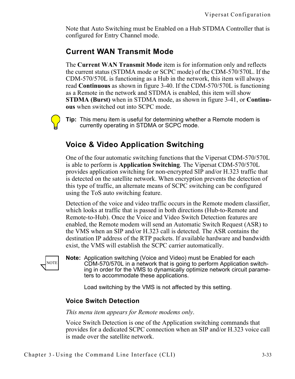 Current wan transmit mode, Voice & video application switching, Voice switch detection | Voice switch detection -33 | Comtech EF Data CDM-570/570L Vipersat User Manual | Page 69 / 192