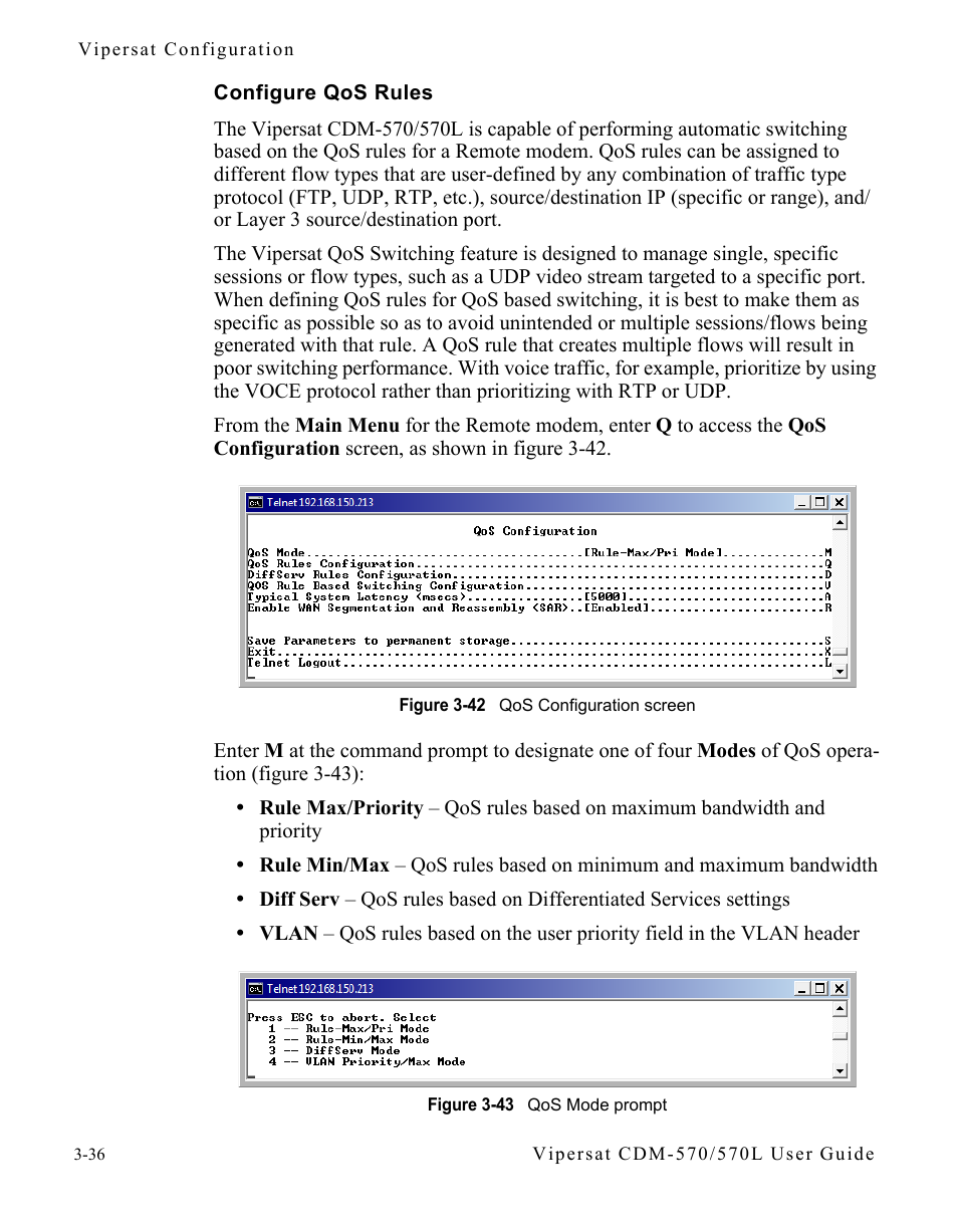 Configure qos rules, Configure qos rules -36, Figure 3-42 qos configuration screen | Figure 3-43 qos mode prompt | Comtech EF Data CDM-570/570L Vipersat User Manual | Page 72 / 192