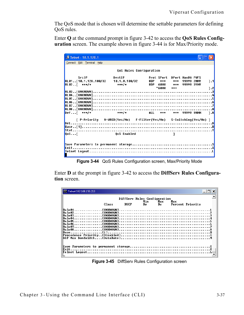 Figure 3-44 qos rules configuration screen, max, Priority mode, Figure 3-45 diffserv rules configuration screen | Comtech EF Data CDM-570/570L Vipersat User Manual | Page 73 / 192