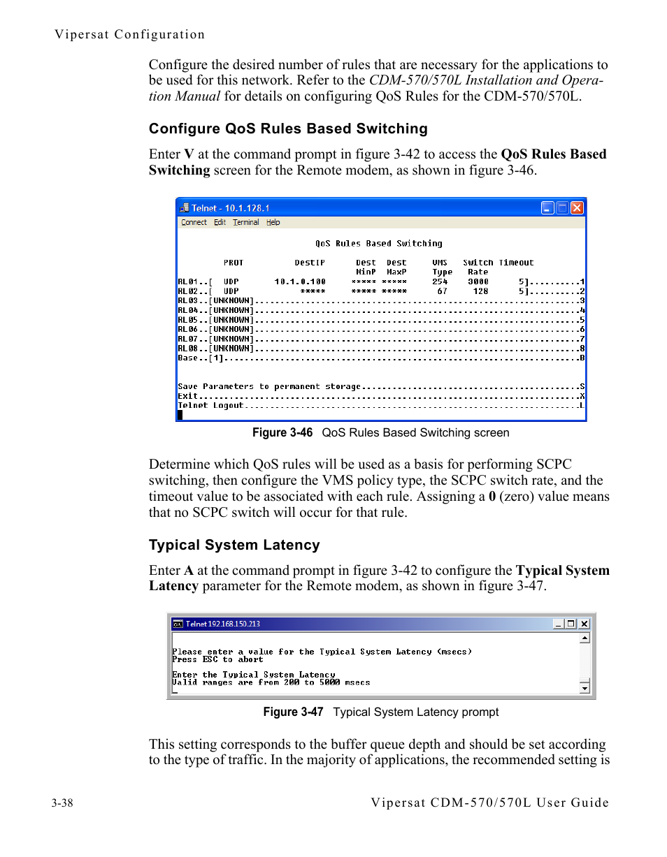 Configure qos rules based switching, Typical system latency, Typical system latency -38 | Figure 3-46 qos rules based switching screen, Figure 3-47 typical system latency prompt | Comtech EF Data CDM-570/570L Vipersat User Manual | Page 74 / 192