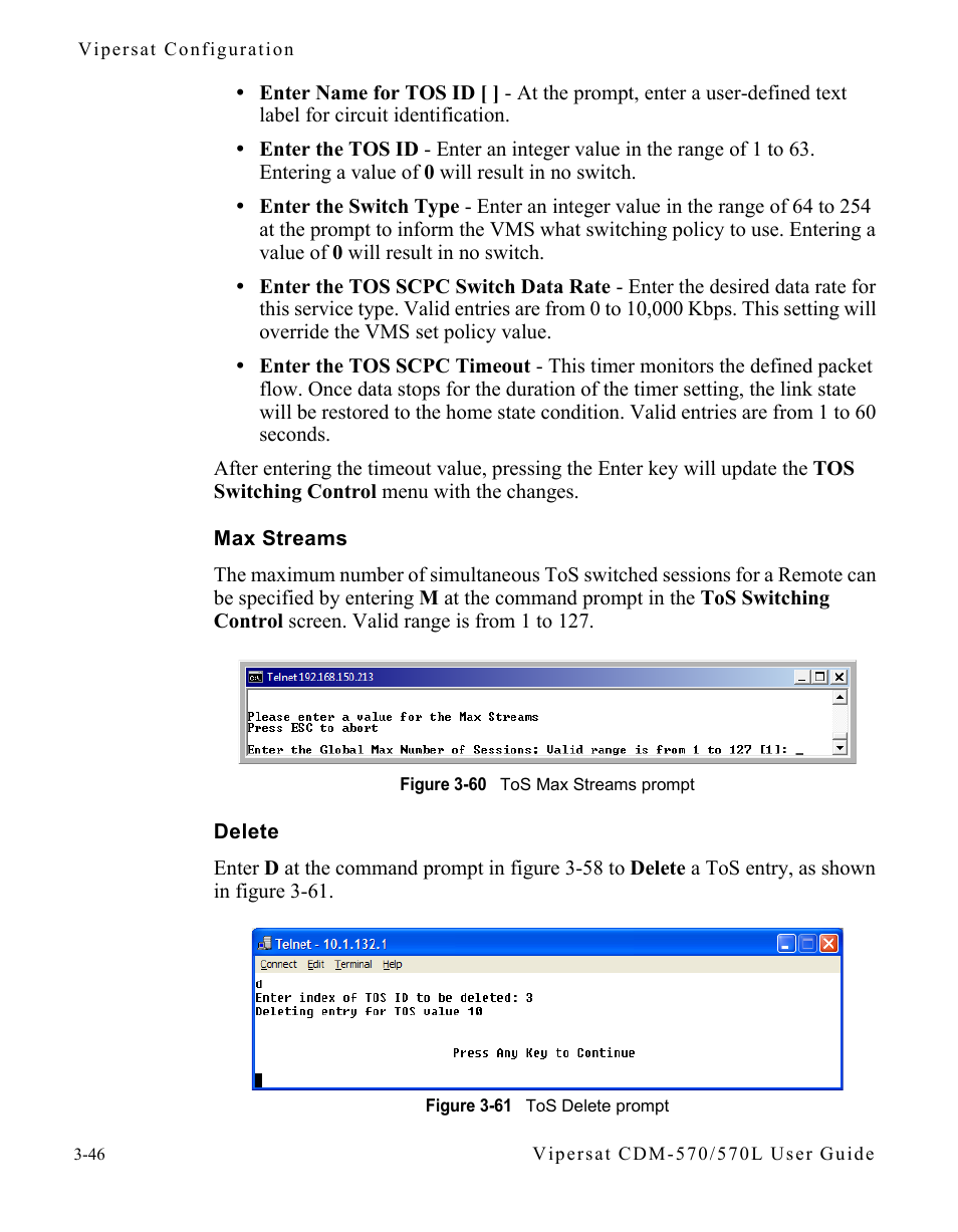 Max streams, Delete, Max streams -46 delete -46 | Figure 3-60 tos max streams prompt, Figure 3-61 tos delete prompt | Comtech EF Data CDM-570/570L Vipersat User Manual | Page 82 / 192