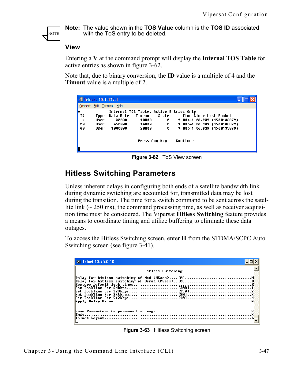 View, Hitless switching parameters, View -47 | Hitless switching parameters -47, Figure 3-62 tos view screen, Figure 3-63 hitless switching screen | Comtech EF Data CDM-570/570L Vipersat User Manual | Page 83 / 192