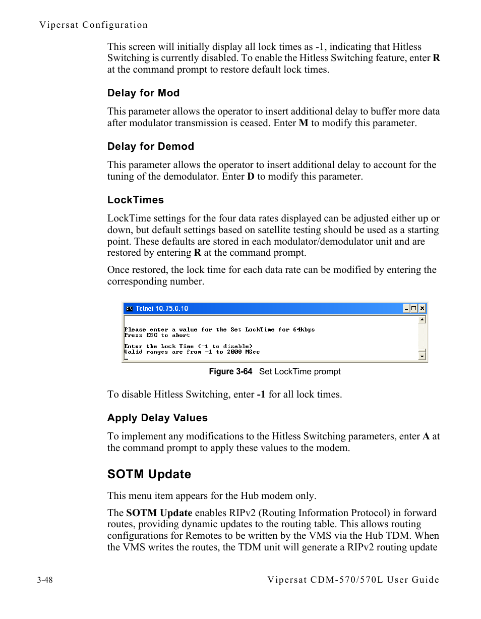 Delay for mod, Delay for demod, Locktimes | Apply delay values, Sotm update, Delay for mod -48 delay for demod -48, Locktimes -48 apply delay values -48, Sotm update -48, Figure 3-64 set locktime prompt | Comtech EF Data CDM-570/570L Vipersat User Manual | Page 84 / 192