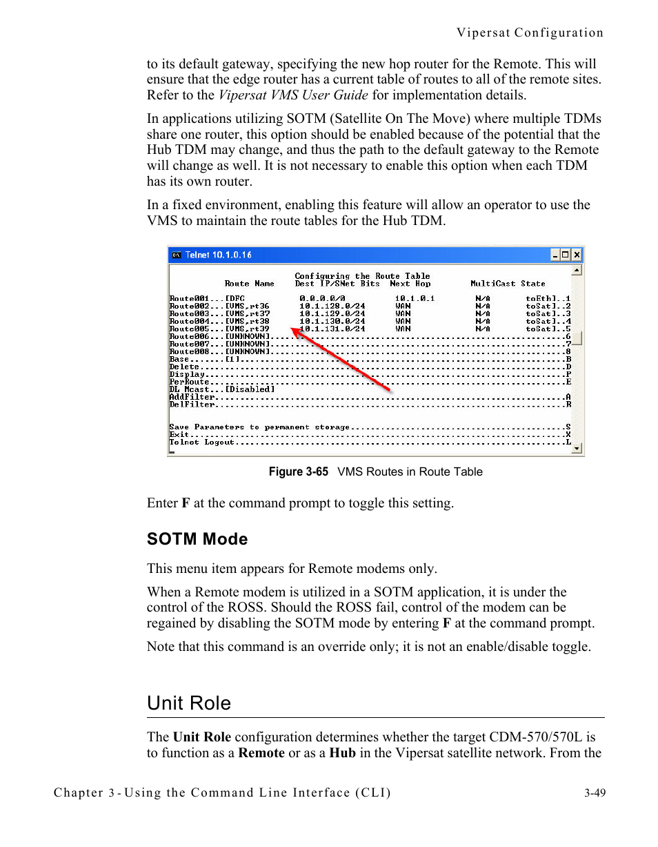 Sotm mode, Unit role, Sotm mode -49 | Unit role -49, Figure 3-65 vms routes in route table | Comtech EF Data CDM-570/570L Vipersat User Manual | Page 85 / 192