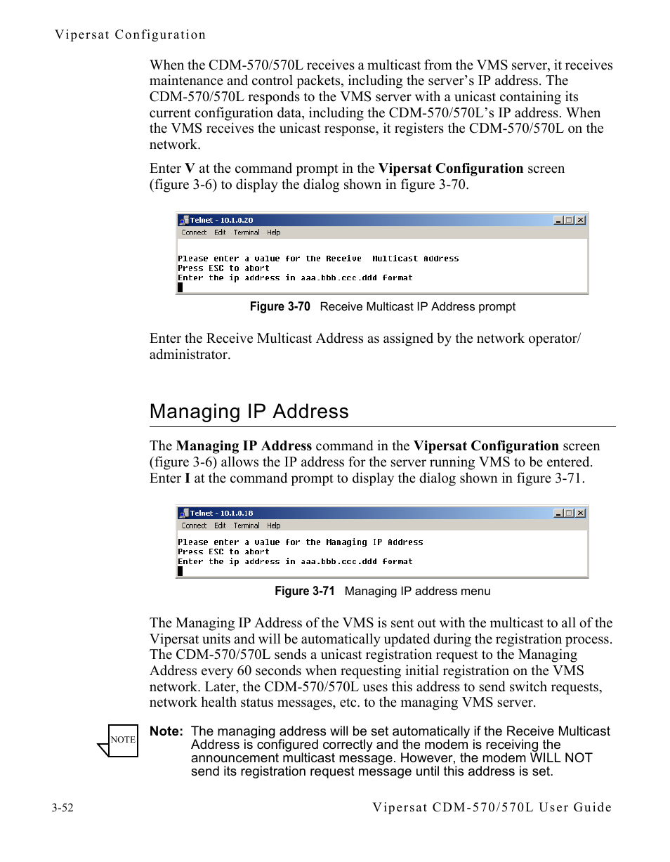 Managing ip address, Managing ip address -52, Figure 3-70 receive multicast ip address prompt | Figure 3-71 managing ip address menu | Comtech EF Data CDM-570/570L Vipersat User Manual | Page 88 / 192