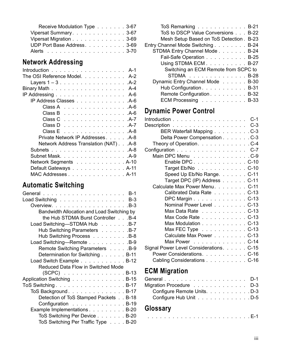 Network addressing, Automatic switching, Dynamic power control | Ecm migration, Glossary | Comtech EF Data CDM-570/570L Vipersat User Manual | Page 9 / 192