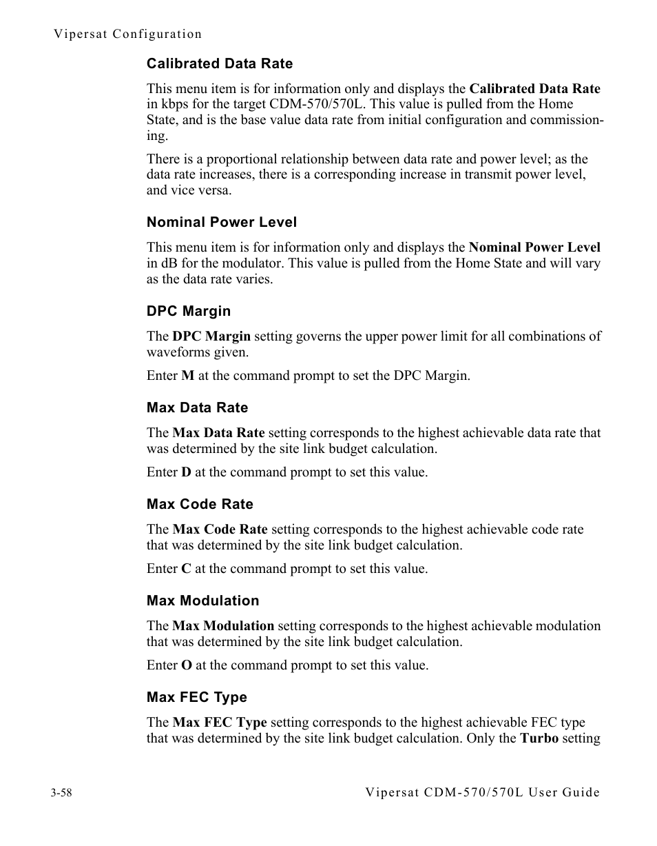 Calibrated data rate, Nominal power level, Dpc margin | Max data rate, Max code rate, Max modulation, Max fec type | Comtech EF Data CDM-570/570L Vipersat User Manual | Page 94 / 192
