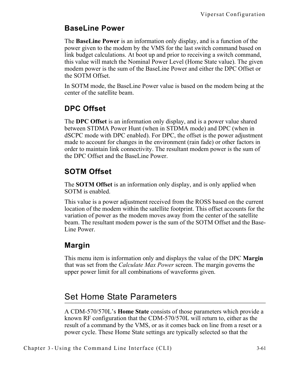 Baseline power, Dpc offset, Sotm offset | Margin, Set home state parameters, Set home state parameters -61 | Comtech EF Data CDM-570/570L Vipersat User Manual | Page 97 / 192