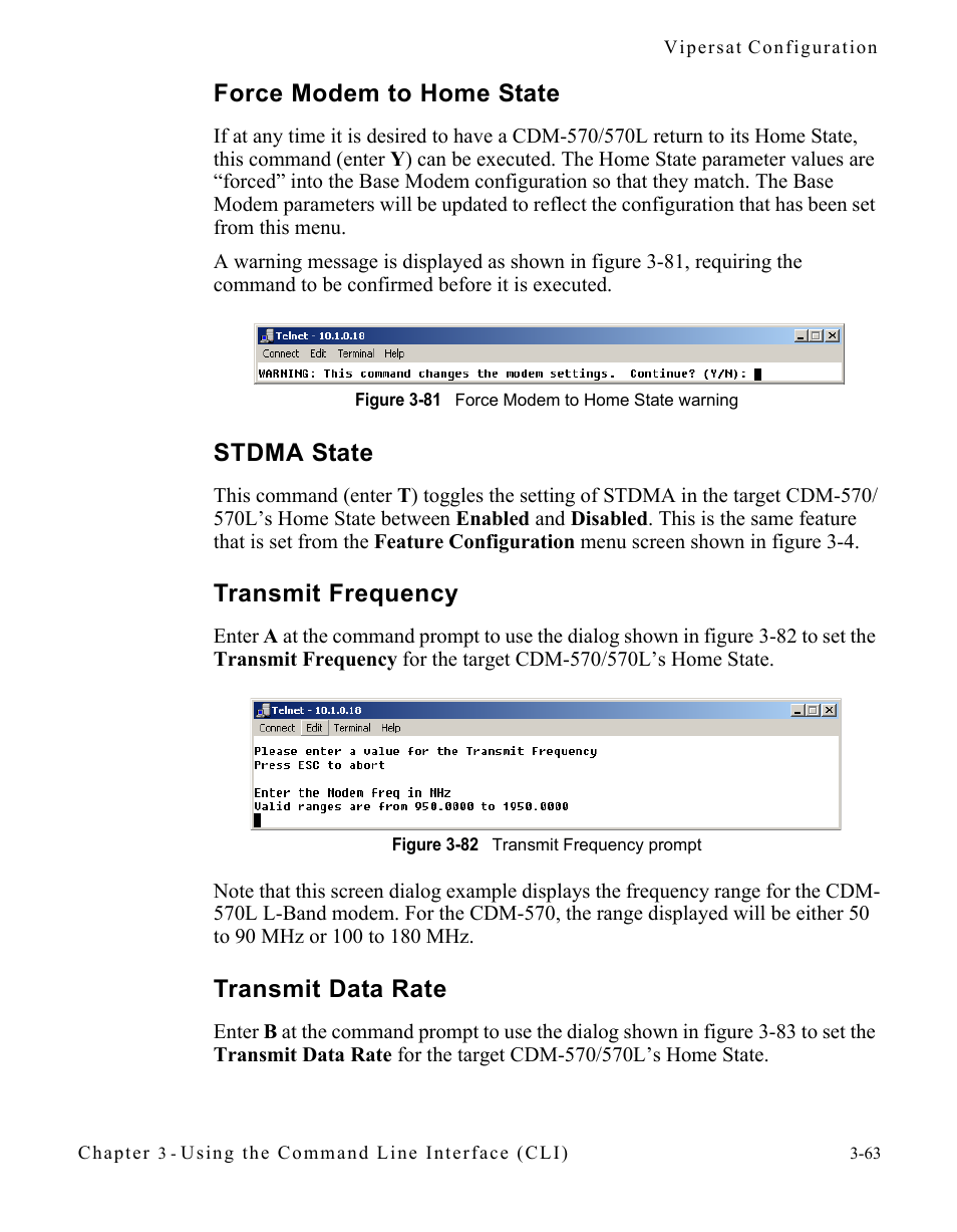 Force modem to home state, Stdma state, Transmit frequency | Transmit data rate, Figure 3-81 force modem to home state warning, Figure 3-82 transmit frequency prompt | Comtech EF Data CDM-570/570L Vipersat User Manual | Page 99 / 192