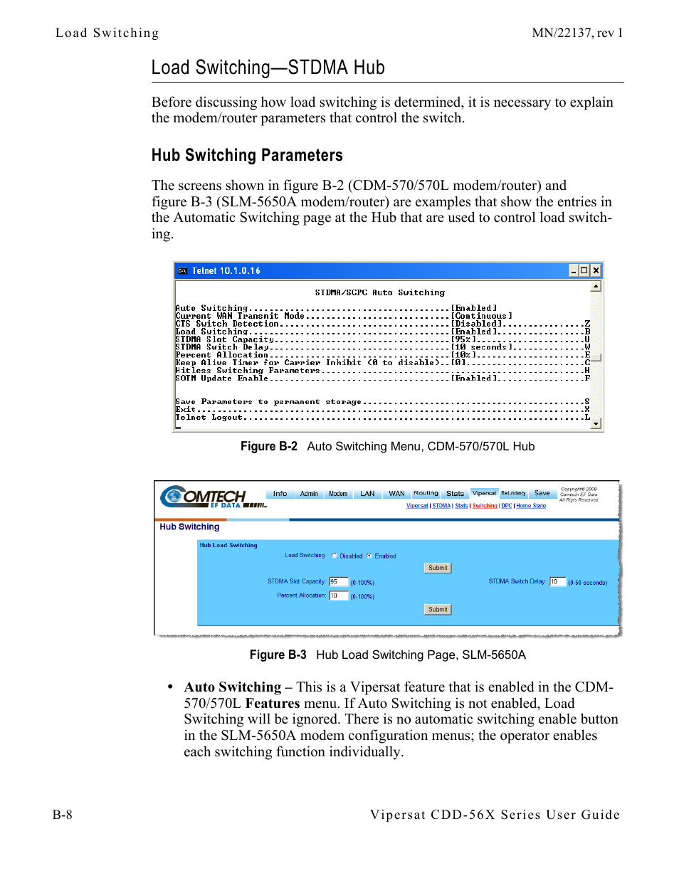 Load switching—stdma hub, Hub switching parameters, Load switching—stdma hub . . . . . . .b-8 | Hub switching parameters . . . . . . .b-8, Figure b-2 auto switching menu, cdm-570/570l | Comtech EF Data CDD-56X Series Vipersat User Manual | Page 108 / 176