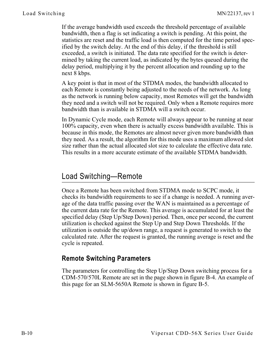 Load switching—remote, Remote switching parameters, Load switching—remote . . . . . . . . . b-10 | Remote switching parameters . . . . b-10 | Comtech EF Data CDD-56X Series Vipersat User Manual | Page 110 / 176
